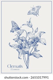 Buquê de arte labial Flores e borboletas Clematis. Modelo vetor vintage, bege azul. Elementos gravados desenhados à mão. Ilustração elegante para cartão de saudação de design, decoração de casamento, convite, presente