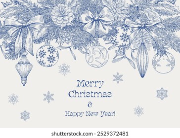 Toile art Christmas and happy new year background with bows toys fir twigs pine cone holly mistletoe balls snowflakes Blue beige Hand drawn Engraving vector illustration for design decor greeting card