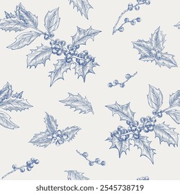 Toile art Christmas seamless pattern holly branch and berries. Vintage Holiday winter background . Hand drawn illustration for design packaging textile wallpaper fabric greeting paper decor new year