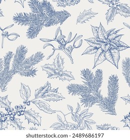 Toile art Christmas Vintage botanical seamless pattern with fir branches, holly, mistletoe, poinsettia. Blue, beige. Hand drawn vector background for design package, holiday decor, decoration new year