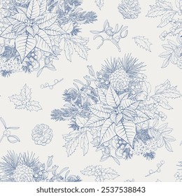 Toile art Christmas Vintage botanical seamless pattern with fir twigs, holly mistletoe, poinsettia, pinecone. Blue beige. Hand drawn linear elements Vector background for design package decor new year