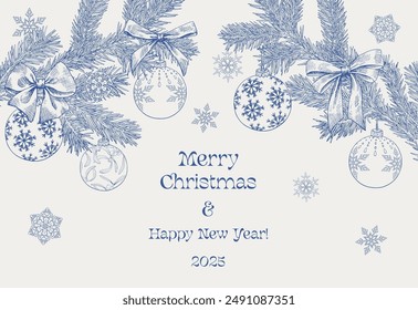 Toile art Christmas Vintage illustration with fir branches, balls, bows, snowflakes. Blue on beige. Hand drawn element. Vector background for design holiday decor, decoration new year, greeting card