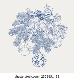 Ilustración de Antiguas de Navidades de arte de tocador con rama de abeto, acebo, muérdago, campanas, bolas, arco. Azul, beige. Vector dibujado a mano Composición para la decoración de vacaciones de diseño, decoración año nuevo, tarjeta de felicitación