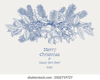 Toile art Christmas Vintage illustration with bells, bow, balls, fir branches, holly, mistletoe Blue beige Hand drawn Vector background for design holiday decor, decoration new year, greeting card