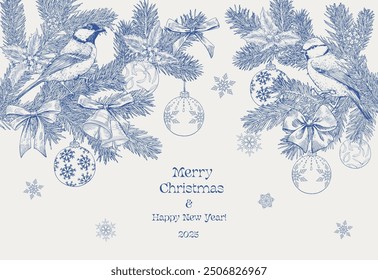 Toile art Christmas Vintage illustration with tit birds fir branches bells balls bows snowflakes. Blue beige. Hand drawn Vector background for design holiday decor, decoration new year, greeting card 