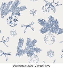 Toile art Christmas Vintage seamless pattern with spruce branches, toys, bows, mistletoe, snowflakes. Blue beige Hand drawn vector background for design package, holiday, paper, decor new year