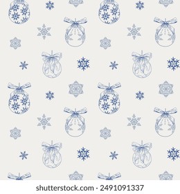 Toile art Christmas Vintage seamless pattern with toys, bows, snowflakes. Blue beige Hand drawn. Monochrome vector background for design package, holiday, paper, decor new year