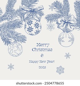 Toile art Christmas Vintage Vector illustration with fir branches, balls, bows, snowflakes. Blue on beige. Hand drawn element. Background for design holiday decor, decoration new year, greeting card