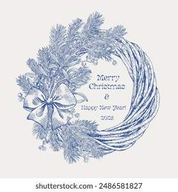 Toile art Christmas wicker wreath with spruce branches, mistletoe and bow Blue on beige. Vector vintage botanical illustration. Hand drawn elements. Background for design greeting card, holiday decor