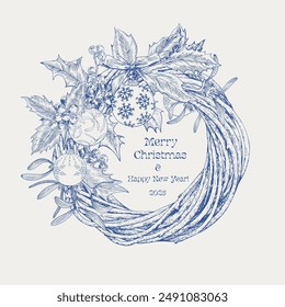 Toile art Christmas wicker wreath with holly twig, mistletoe, balls, bow. Blue on beige. Vector vintage botanical illustration. Hand drawn elements. Background for design greeting card, holiday decor