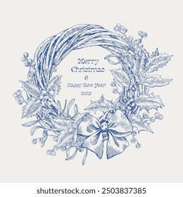 Toile art Christmas wicker wreath with holly, mistletoe, berries, bow. Vector vintage botanical illustration. Blue beige. Hand drawn elements. Background for design greeting card, holiday decor