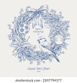 Toile art Christmas wicker wreath with tit bird twig and holly berries mistletoe balls bow Blue beige. Hand drawn elements. Vector vintage holidays illustration for design greeting card new year decor