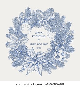 Toile art Christmas wreath with fir branches, holly, balls, poinsettia, bow. Blue beige. Vector vintage botanical illustration. Hand drawn elements. Background for design greeting card, holiday decor