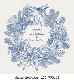 Toile art Christmas wreath with fir branches, bells, bow, poinsettia, pine cones, beries. Blue beige. Hand drawn Vector vintage botanical illustration for design greeting card, holiday decor