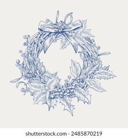 Toile art Christmas wreath with holly and mistletoe berries, with bow. Vector vintage botanical illustration. Blue on beige. Hand drawn elements. Background for design greeting card, holiday decor