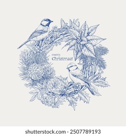 Toile art Christmas wreath with tit birds, fir twig, mistletoe, rowan, bow, poinsettia, pine cones, berries. Blue beige. Hand drawn Vector vintage illustration for design holidays greeting card, decor