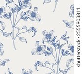 Toile art Floral vector vintage seamless pattern flowers of Clematis blue on a beige. Hand drawn background for design packaging, textile, wrapping paper, wallpaper, Fashion apparel. Monochrome