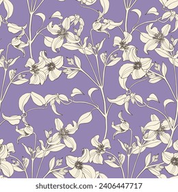 Toile art Floral vector vintage seamless pattern flowers of Clematis beige fill on purple. Hand drawn background.Textiles, paper, wallpaper decoration