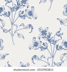 Toile art Floral vector vintage seamless pattern flowers of Clematis blue on a beige. Hand drawn background for design packaging, textile, wrapping paper, wallpaper, Fashion apparel. Monochrome