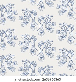 Toile art Floral vector vintage seamless pattern jacaranda tree flowers, blue beige. Hand drawn background for design packaging, textile, wrapping paper, wallpaper, Fashion apparel, wedding Monochrome