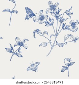 Toile art Floral vector vintage seamless pattern flowers Clematis and butterflies, blue beige. Hand drawn background for design packaging, textile, wrapping paper, wallpaper, Fashion apparel, wedding