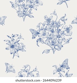 Toile art Floral vector vintage seamless pattern bouquet flowers Clematis and butterflies, blue beige. Hand drawn background for design packaging, textile, wallpaper, Fashion apparel, wedding