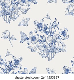 Floral vetor vintage sem emenda padrão bouquet flores Clematis e borboletas, azul bege. Fundo desenhado à mão para embalagem de design, têxtil, papel de parede, Vestuário de moda, casamento, férias