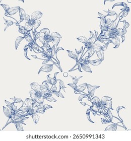 Arte arenosa Vetor floral vintage sem emenda flores padrão de Clematis enfeite celular quadrado, bege azul. Fundo desenhado à mão para a embalagem de design, têxtil, papel, tecido, papel de parede, decoração de casamento