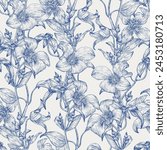 Toile art Floral vintage seamless pattern flowers of Clematis blue on a beige. Hand drawn vector background. Monochrome. Textiles, paper, fabric, wallpaper decoration