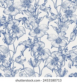 Toile art Floral vintage seamless pattern flowers of Clematis blue on a beige. Hand drawn vector background. Monochrome. Textiles, paper, fabric, wallpaper decoration