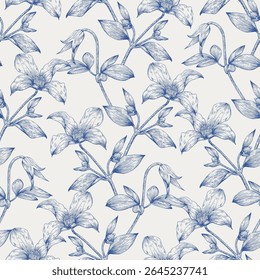 Toile arte Floral vintage sem emenda padrão flores de Clematis azul bege. Ilustração desenhada à mão. Fundo de vetor para casamento de design, embalagem, têxtil, papel de embrulho, papel de parede, Vestuário de moda