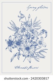 Toile art Floral vintage spring bouquet of Clematis flowers blue on a beige. Vector design element Hand drawn sketch. Engraving Monochrome.