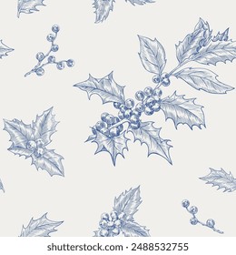 Toile art holly seamless pattern. Vintage Holiday winter background . Hand drawn illustration for design packaging textile wallpaper fabric greeting 