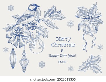 Toile art Merry Christmas and Happy new year background with tit bird on the holly twig, bells, bow, toys, snowflakes. Blue beige Hand drawn Vector illustration for design greeting card, holiday decor