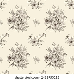 Toile art Monochrome floral vector vintage seamless pattern flowers of Clematis brown on beige. Hand drawn background.Textiles, paper, wallpaper decoration