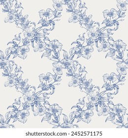 Toile art square cell ornament Floral vector vintage seamless pattern flowers of Clematis blue on a beige. Hand drawn background.Monochrome. Textiles, paper, wallpaper decoration