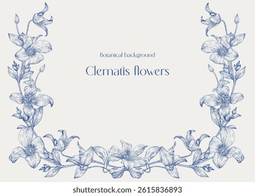 Toile art Vector vintage floral background, flowering frame in blue and beige. Delicate Clematis flowers and leaves engraved elements. Hand drawn illustration for design greeting card, wedding decor
