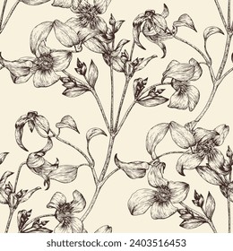 Toile art Vector vintage seamless pattern flowers of Clematis brown on beige. Hand drawn. Floral background. Monochrome. Textiles, paper, wallpaper