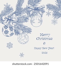 Toile art Vintage Christmas background  with fir branches, balls, bows, snowflakes. Blue on beige. Hand drawn element. Vector illustration for design holiday decor, decoration new year, greeting card