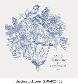 Toile art Vintage Christmas composition with lantern,tit bird, bells ball fir and pine branches holly, mistletoe,rowan Blue beige Hand drawn Vector illustration for design holiday decor, greeting card