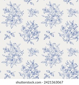 Toile art Vintage seamless pattern with bouquet flowers of Clematis blue on light beige. Hand drawn elements Monochrome. Vector floral background for design textiles, digital paper, wallpaper, wedding