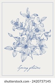 Arte de tocador vintage ramo primavera de flores Clematis azul sobre un beige. Elemento de diseño de vectores florales para boda, tarjeta de saludo, decoración Dibujo dibujado a mano. Monocromo de grabado