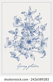 Toile art vintage spring bouquet of Clematis flowers blue on a beige. Vector design element Hand drawn sketch. Floral background. Engraving Monochrome.