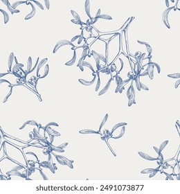 Toile art Vintage twigs mistletoe seamless pattern. Holiday winter background Blue on beige. Hand drawn illustration for design packaging textile wallpaper fabric greeting decor