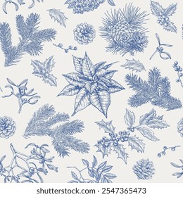 Toile Christmas botanical seamless pattern with fir branches holly mistletoe poinsettia rowan pine cone Blue beige Hand drawn Vintage background for design package textile wallpaper fabric paper decor