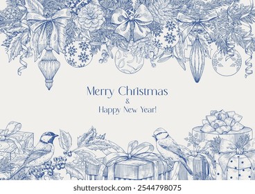 Toile Christmas illustration with bows toys fir twigs pinecone holly mistletoe balls gift boxes birds Blue beige Hand drawn vector background with borders for design holiday decor greeting card poster