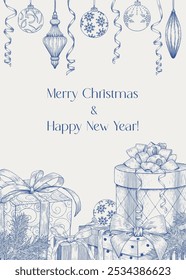 Toile Christmas illustration with gifts boxes bows, balls, toys, ribbon, fir branches. Blue beige. Hand drawn engraved Vector Vintage background for design holiday decor, greeting card