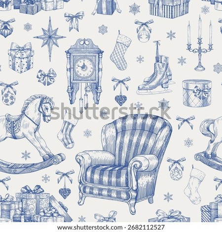 Toile Christmas seamless pattern gift boxes rocking horse clock star toys bows snowflakes skates armchair. Vintage vector background for design package, wrapping paper. Blue beige Hand drawn engraved