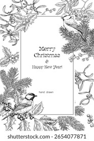 Spielzeug Weihnachten Vektorgrafik für Design Grußkarte, Feiertagsdekoration, Einladung. Vintage-Hintergrund mit Tannenzweigen, holzig, Mistel, Eberesche, Vögel. Schwarz-Weiß. Handgezeichnete Gravurelemente