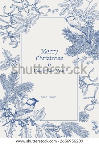 Toile Christmas Vector illustration for design greeting card, holiday decor, invitation. Vintage background with fir branches holly mistletoe rowan tit birds. Blue beige. Hand drawn engraved elements